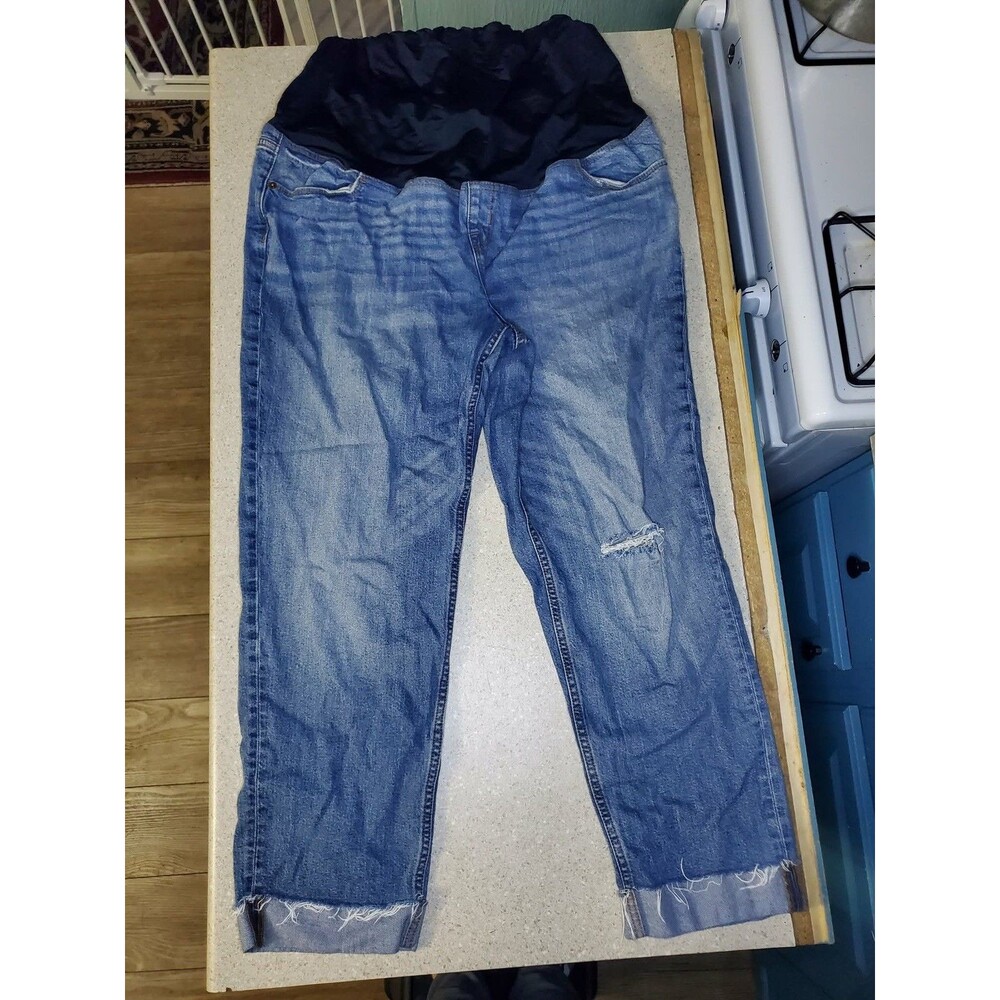 Over the Belly Distressed Cropped Maternity Jeans Size 16, cuffed ankles fally2k
